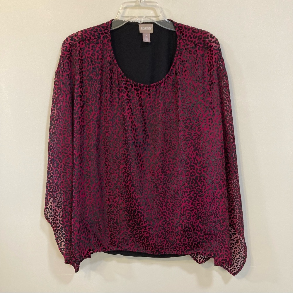 Chico's Velvet Cheetah Print Layered Top Sz 3 (XL) Womens Wineberry Black